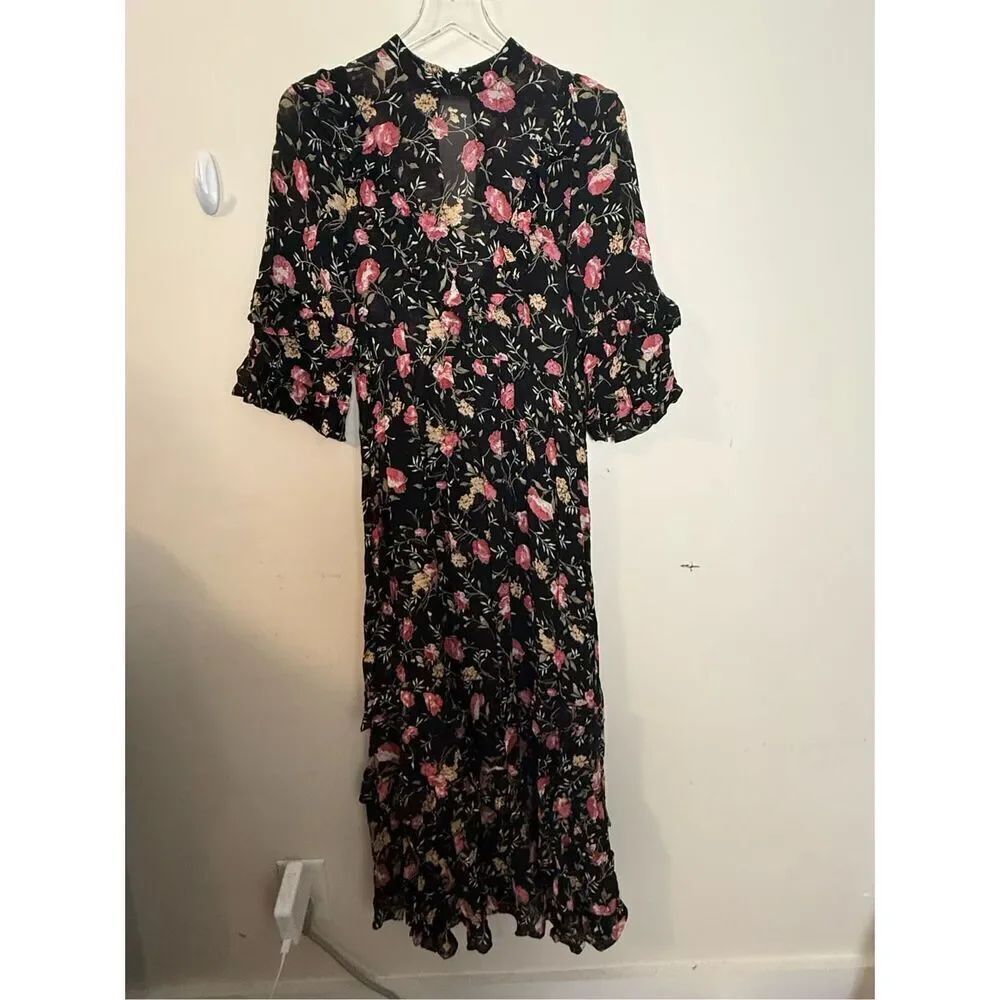 Christy Dawn Floral Roses Ruffle 3/4 Sleeve Modo Dress Small Flirty Cottagecore